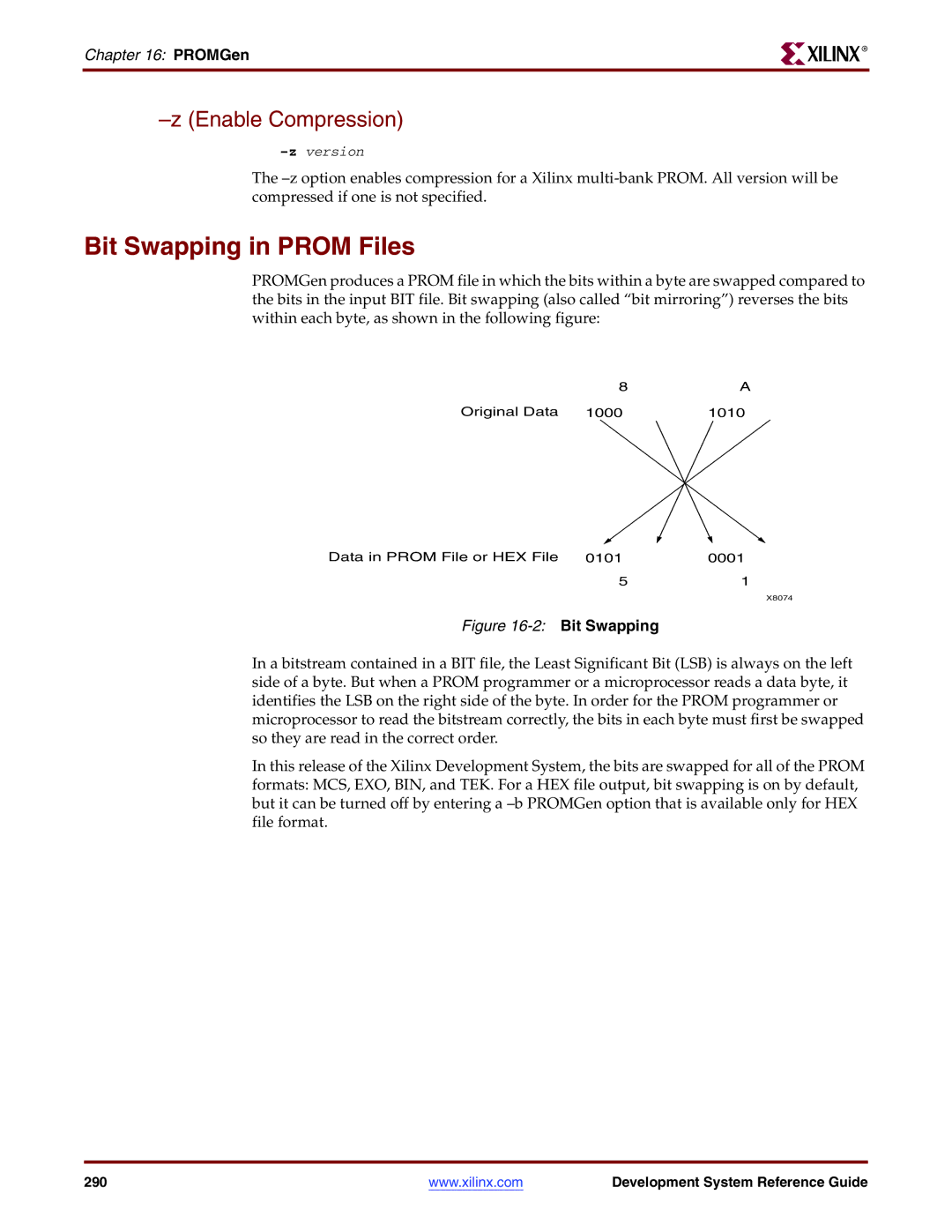 Xilinx 8.2i manual Bit Swapping in Prom Files, Enable Compression 