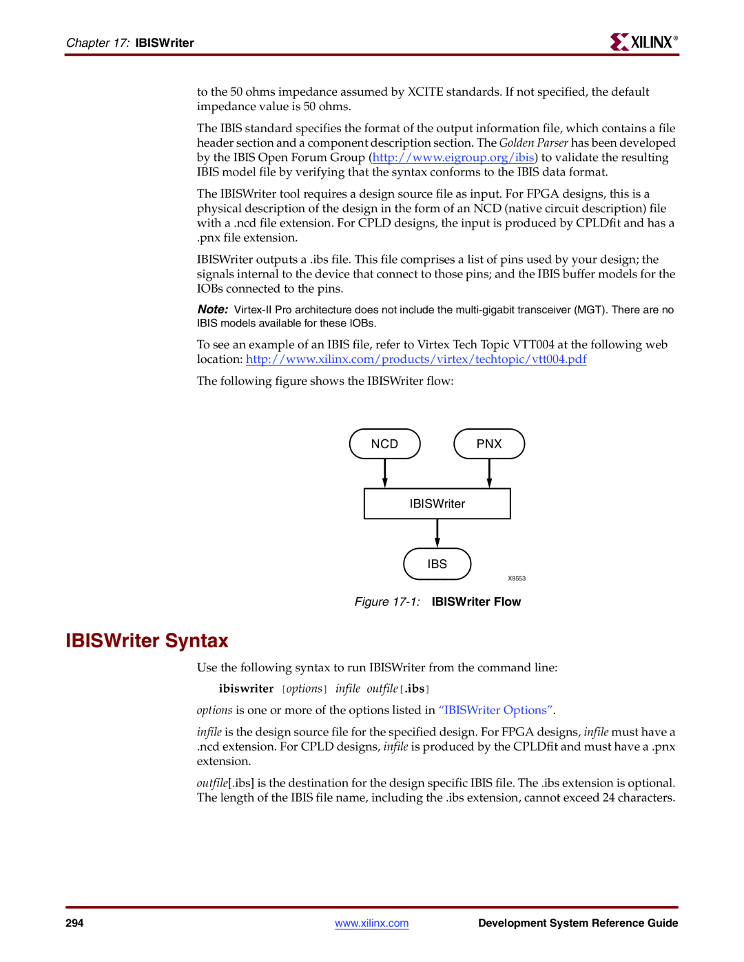 Xilinx 8.2i manual IBISWriter Syntax, Ibiswriter options infile outfile.ibs 