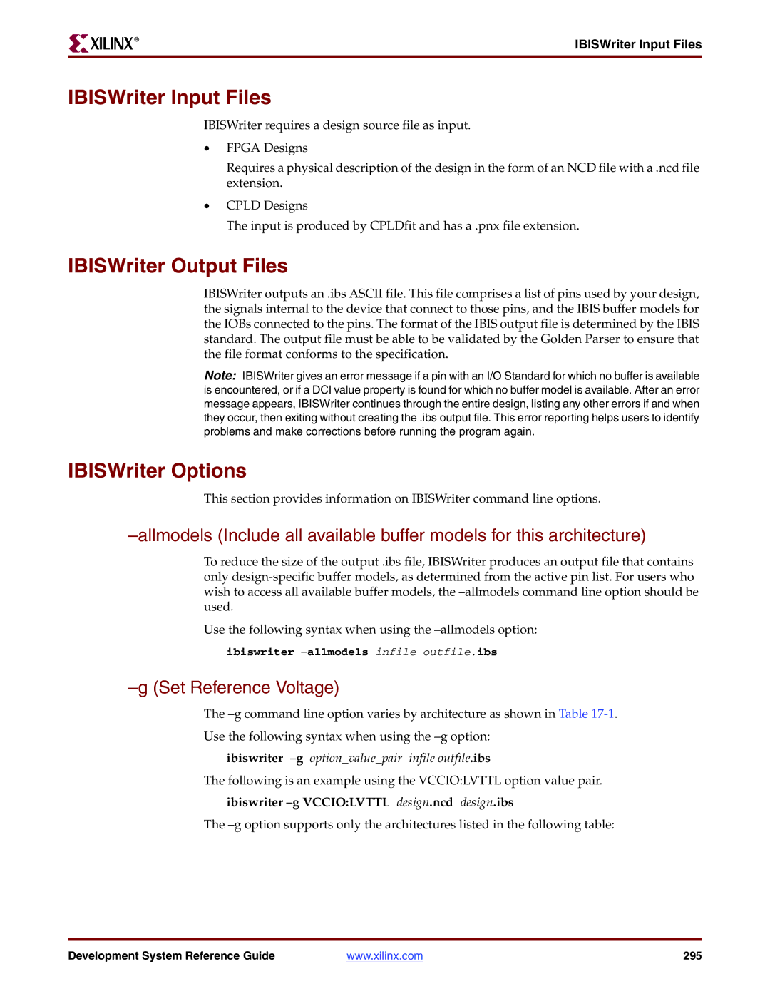 Xilinx 8.2i manual IBISWriter Input Files, IBISWriter Output Files, IBISWriter Options, Set Reference Voltage 