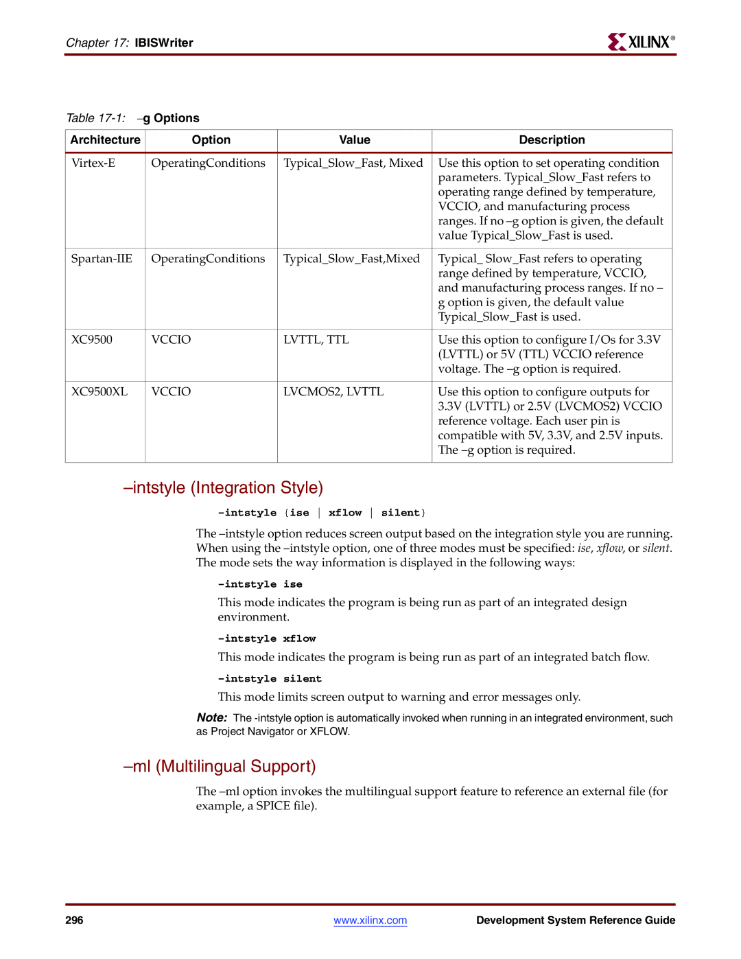 Xilinx 8.2i manual Ml Multilingual Support, Architecture Option Value Description 