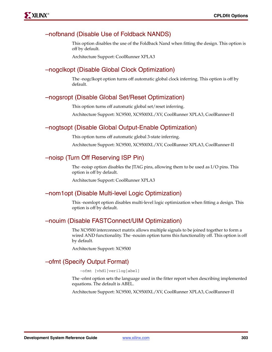 Xilinx 8.2i manual Nofbnand Disable Use of Foldback Nands, Nogclkopt Disable Global Clock Optimization 