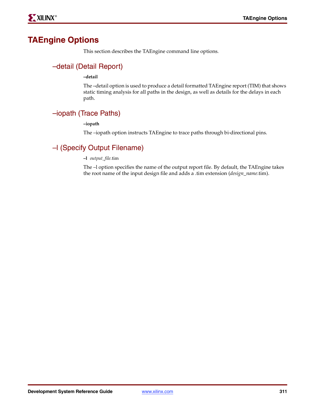 Xilinx 8.2i manual TAEngine Options, Detail Detail Report, Iopath Trace Paths, Specify Output Filename 