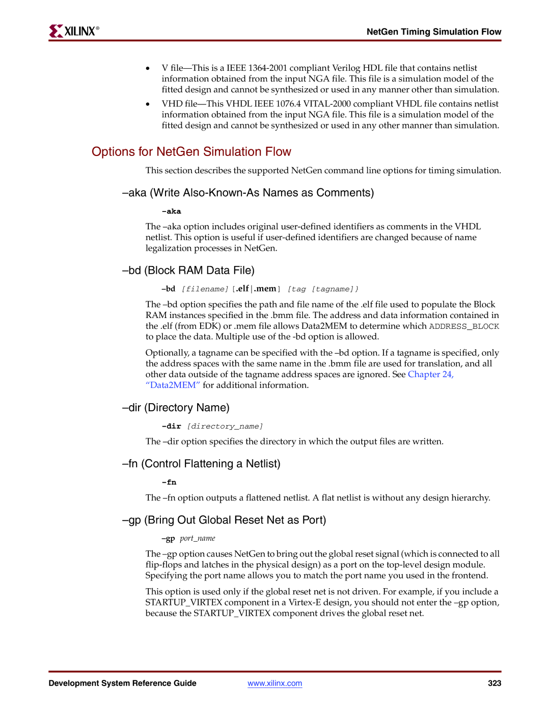 Xilinx 8.2i manual Options for NetGen Simulation Flow 