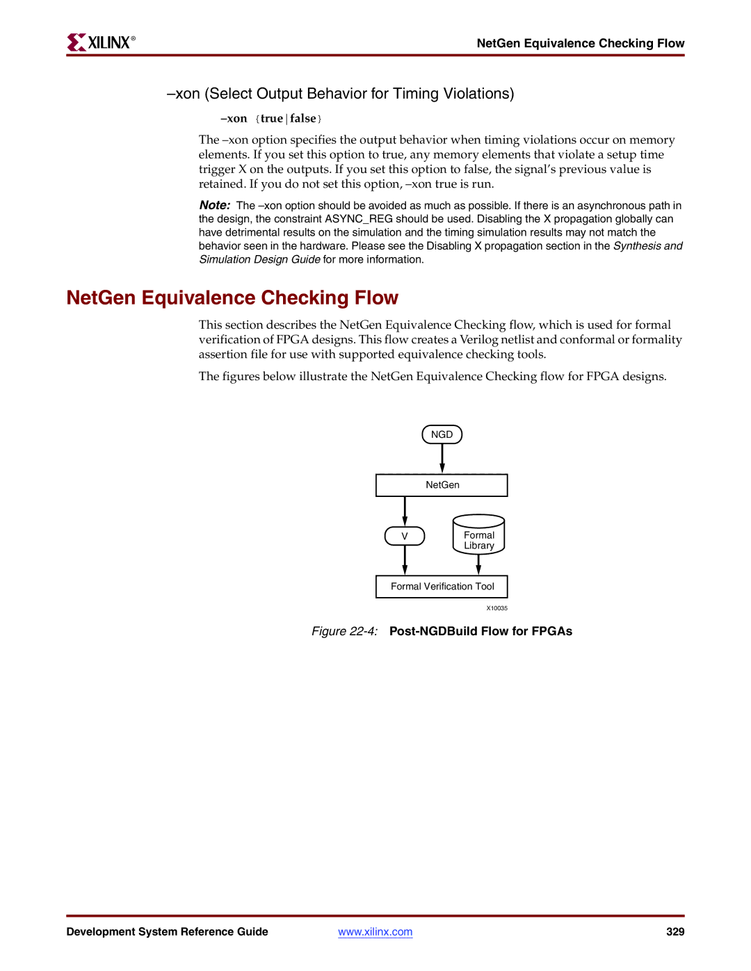 Xilinx 8.2i manual NetGen Equivalence Checking Flow, Xon Select Output Behavior for Timing Violations, Xon truefalse 