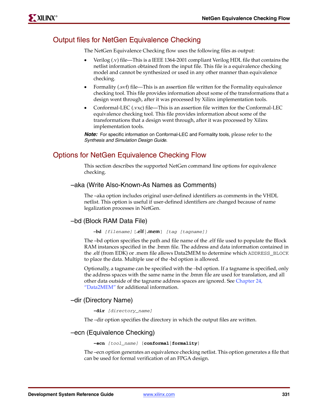 Xilinx 8.2i manual Output files for NetGen Equivalence Checking, Options for NetGen Equivalence Checking Flow 