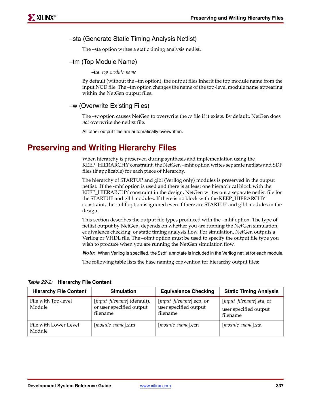 Xilinx 8.2i manual Preserving and Writing Hierarchy Files, Sta Generate Static Timing Analysis Netlist 