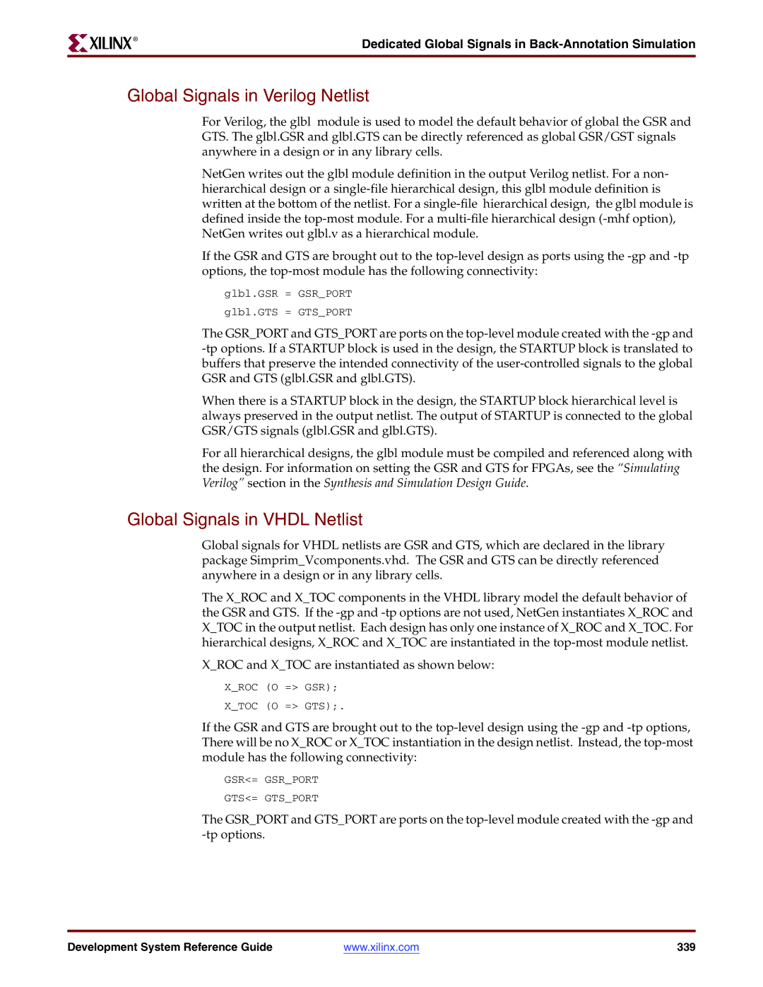 Xilinx 8.2i manual Global Signals in Verilog Netlist, Global Signals in Vhdl Netlist 