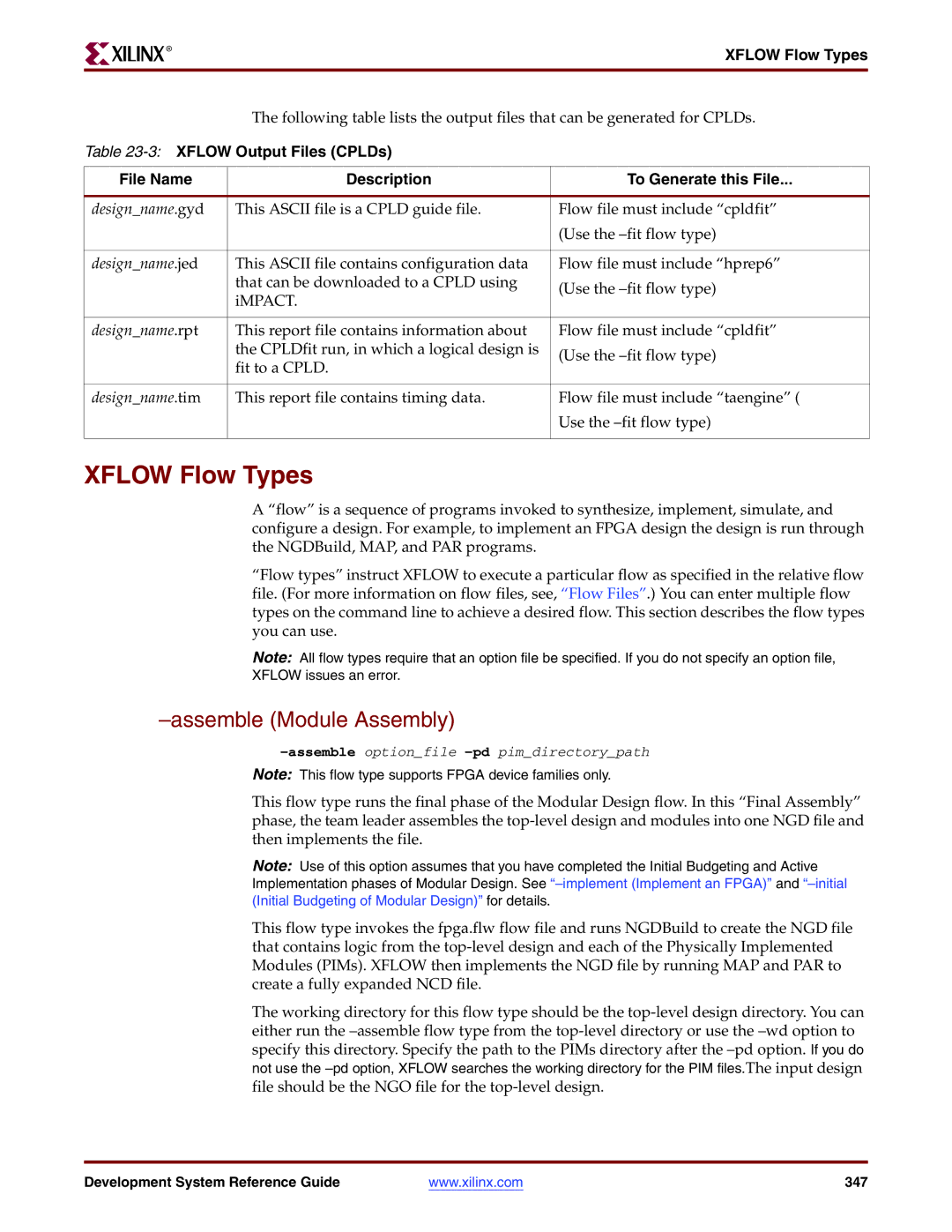 Xilinx 8.2i manual Xflow Flow Types, Assemble Module Assembly, 3XFLOW Output Files CPLDs 