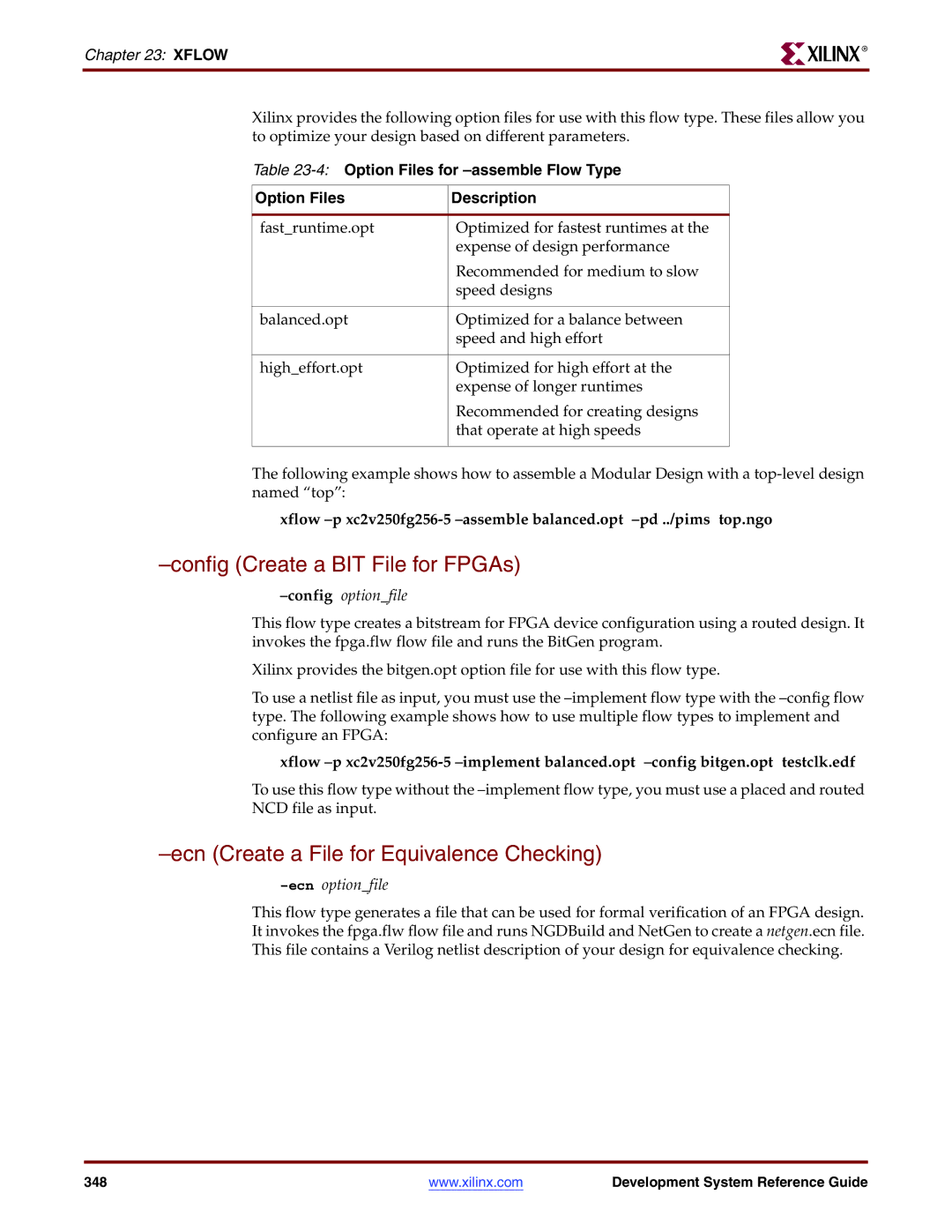 Xilinx 8.2i manual Config Create a BIT File for FPGAs, Ecn Create a File for Equivalence Checking, Configoptionfile 