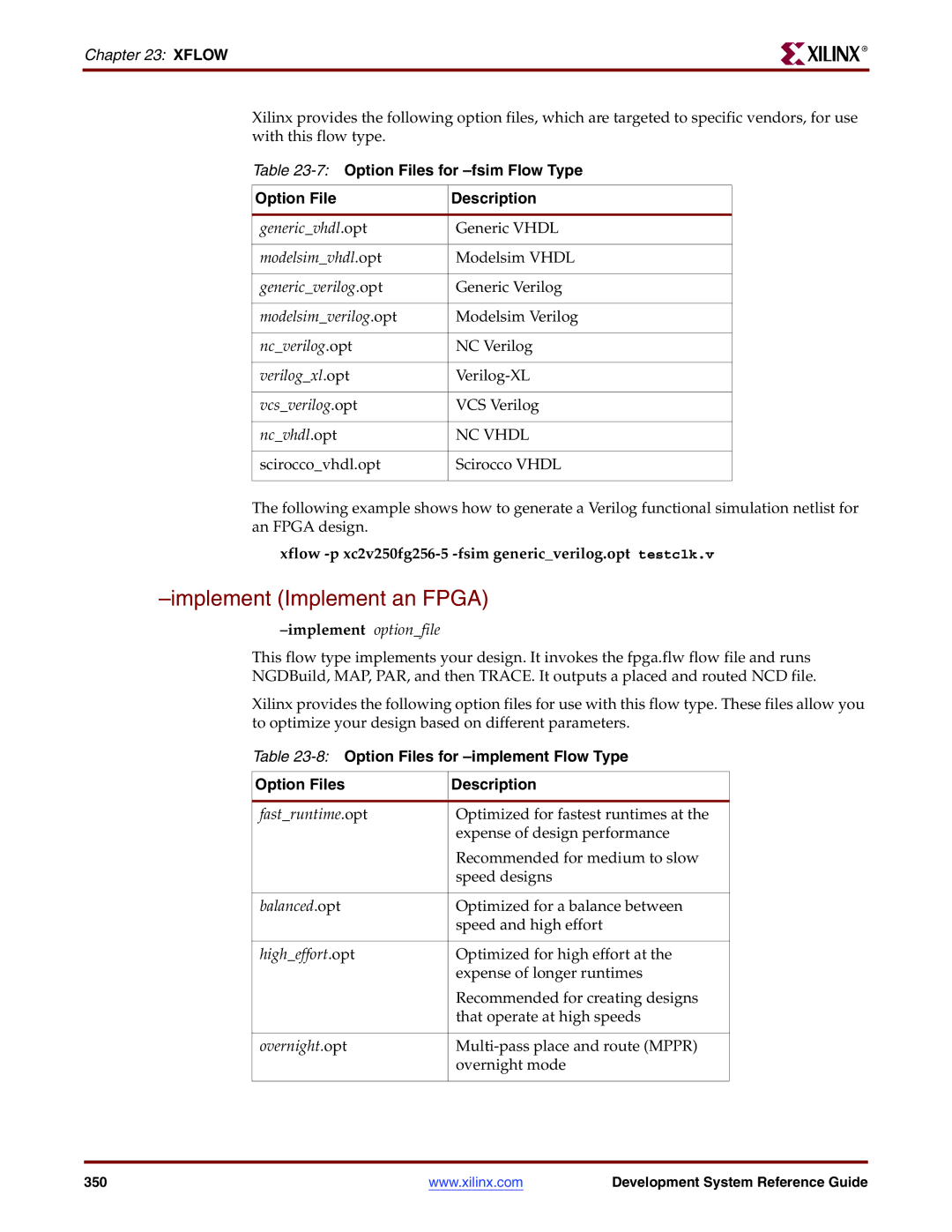 Xilinx 8.2i manual Implement Implement an Fpga, 7Option Files for -fsim Flow Type, Implement optionfile 