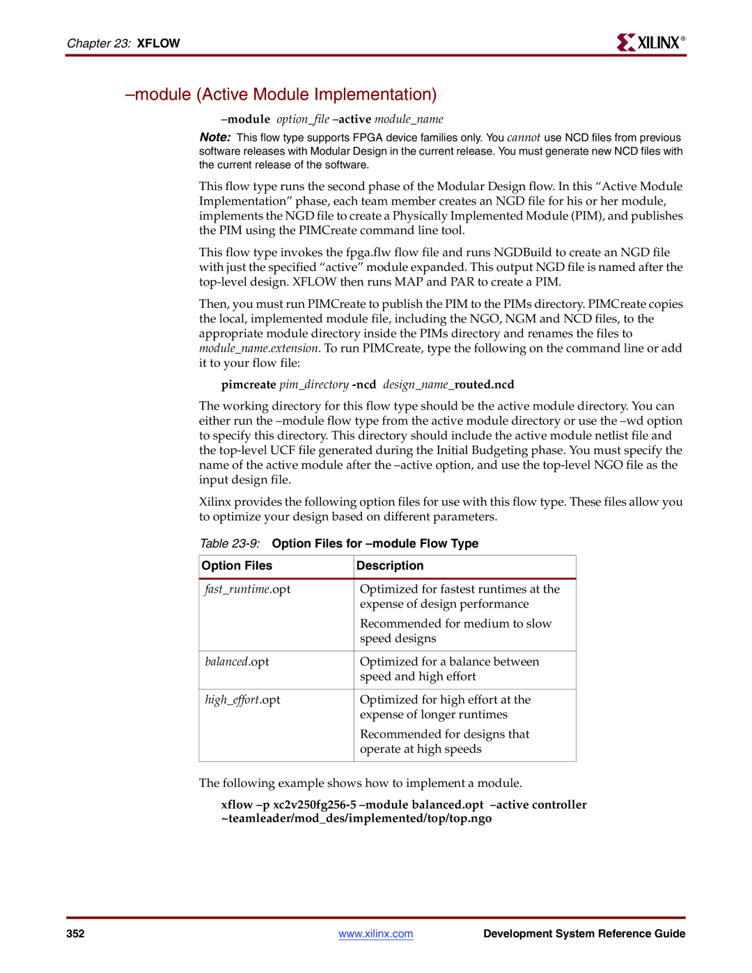 Xilinx 8.2i Module Active Module Implementation, Moduleoptionfile -activemodulename, 9Option Files for -module Flow Type 