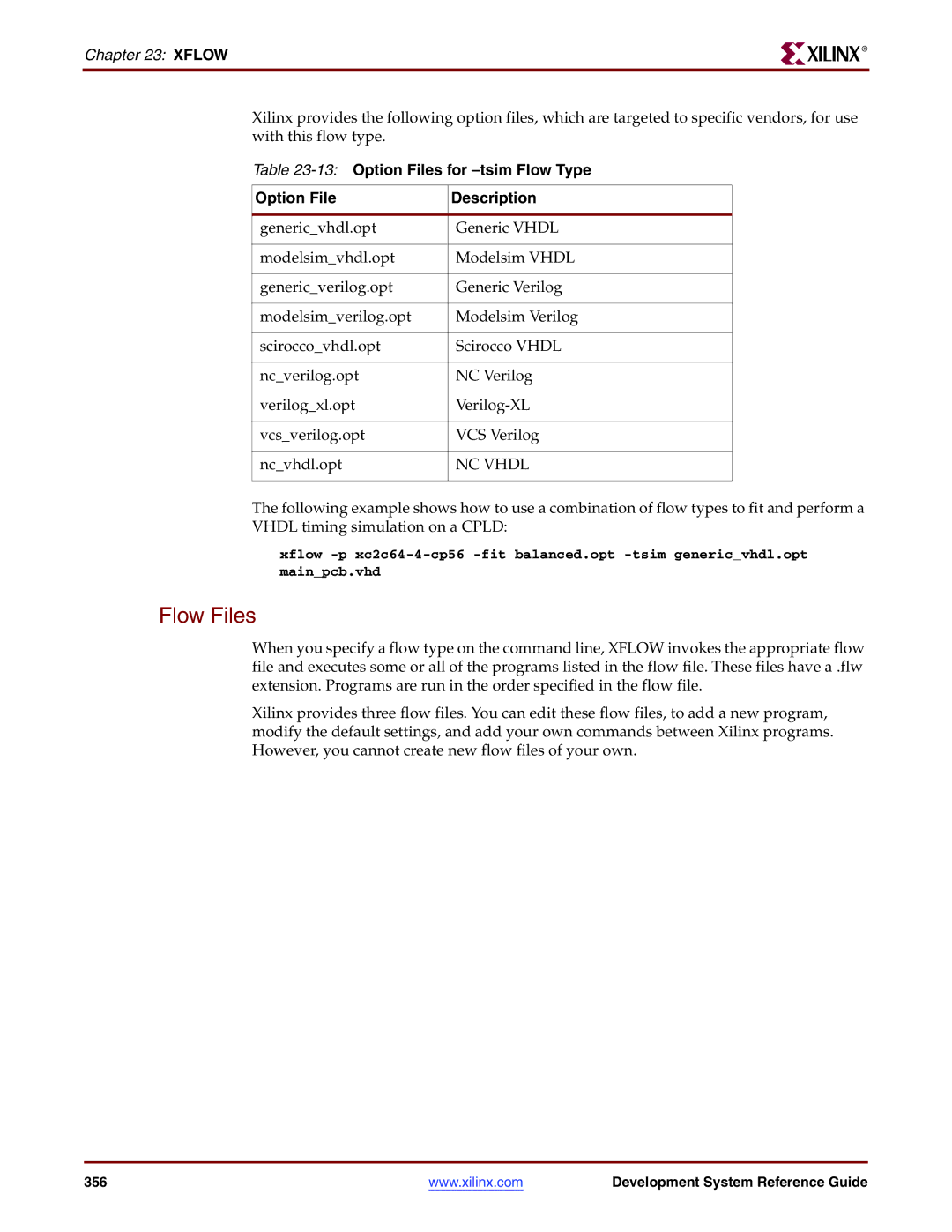 Xilinx 8.2i manual Flow Files, 13Option Files for -tsim Flow Type Description 