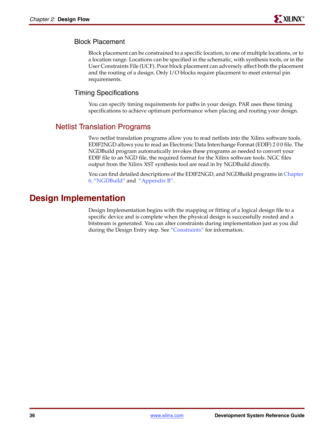 Xilinx 8.2i manual Design Implementation, Netlist Translation Programs, Block Placement, Timing Specifications 