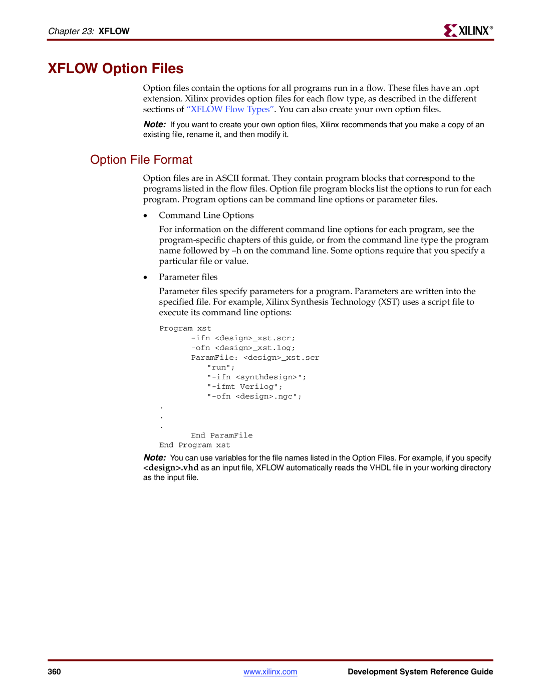 Xilinx 8.2i manual Xflow Option Files, Option File Format 