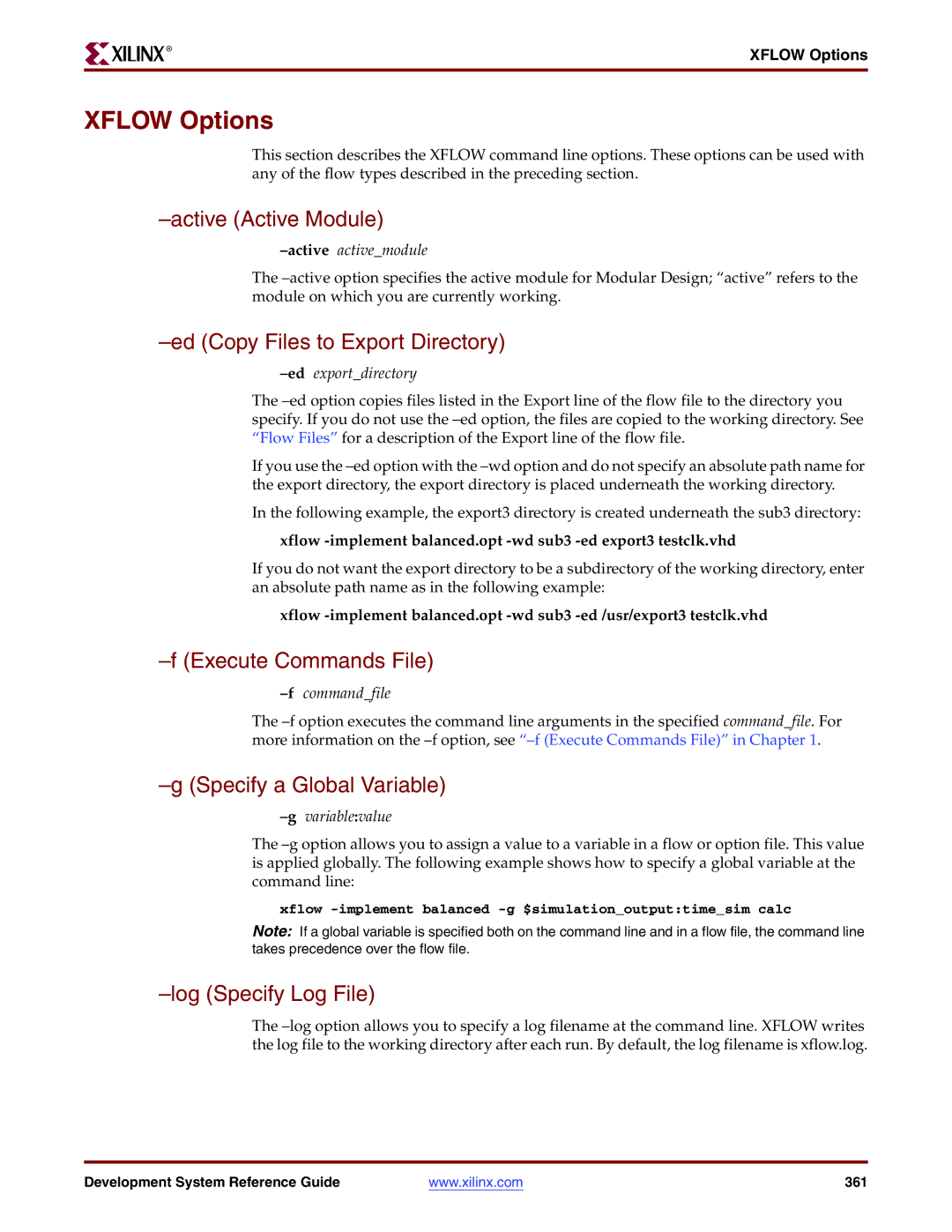 Xilinx 8.2i manual Xflow Options, Active Active Module, Ed Copy Files to Export Directory, Specify a Global Variable 