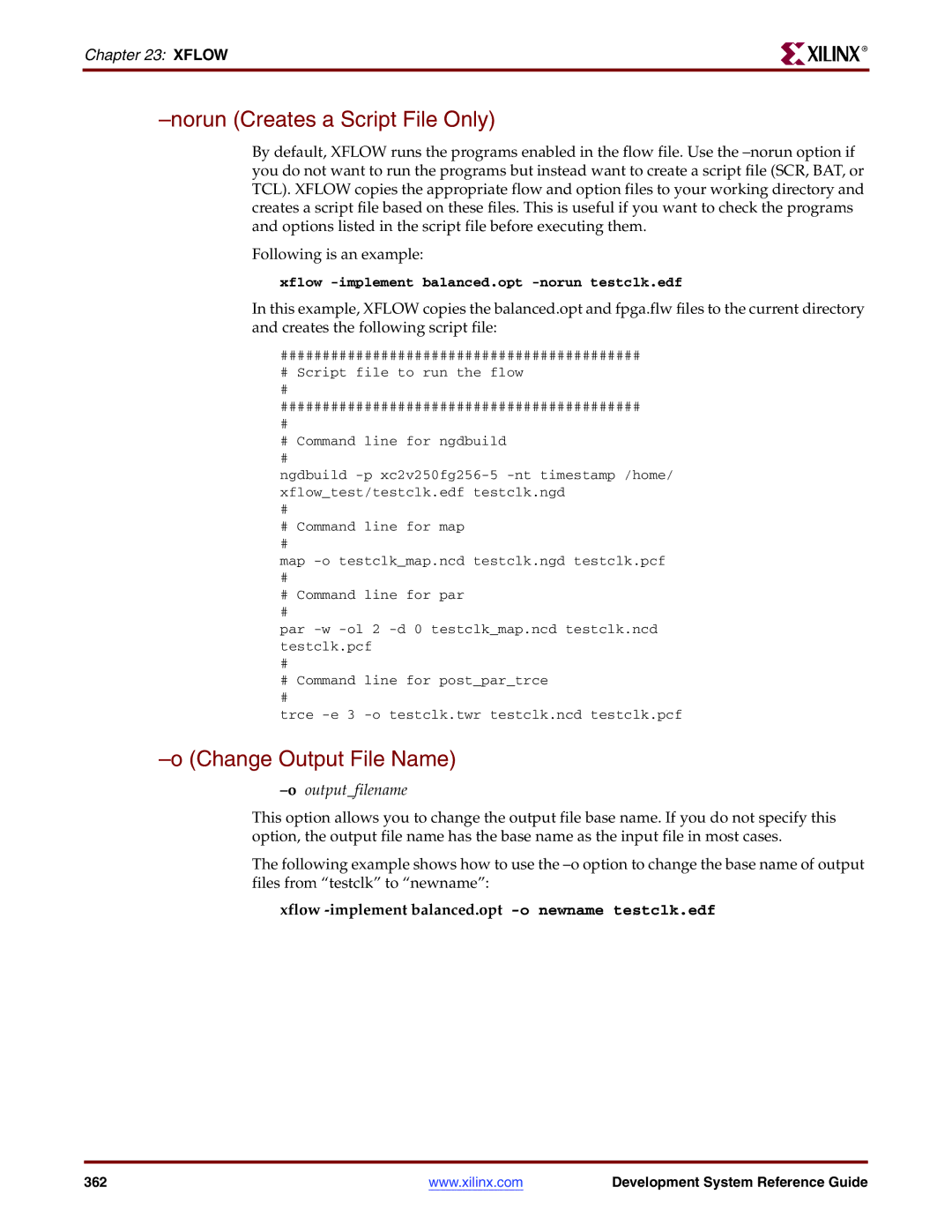 Xilinx 8.2i manual Norun Creates a Script File Only, Change Output File Name, Ooutputfilename 