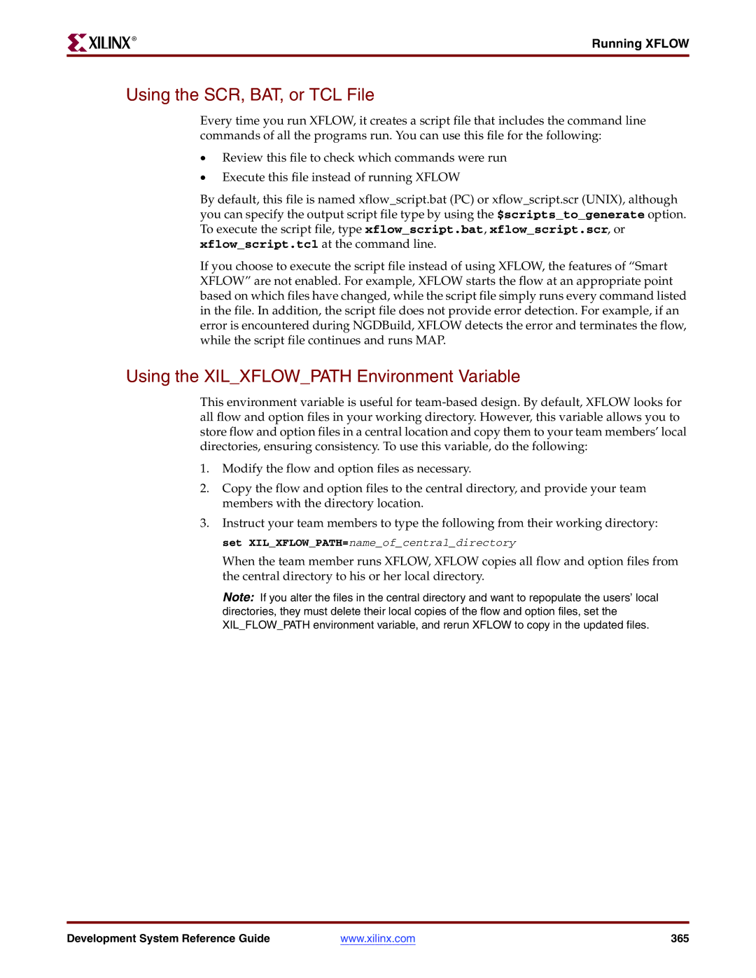 Xilinx 8.2i manual Using the SCR, BAT, or TCL File, Using the Xilxflowpath Environment Variable, Running Xflow 