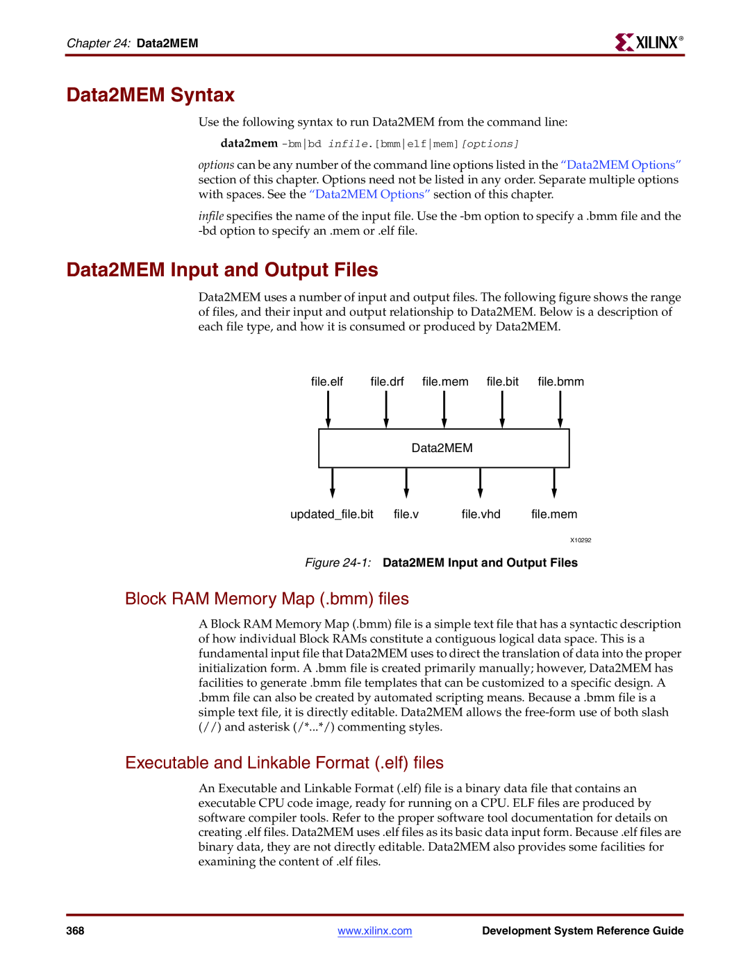 Xilinx 8.2i manual Data2MEM Syntax, Data2MEM Input and Output Files, Block RAM Memory Map .bmm files 