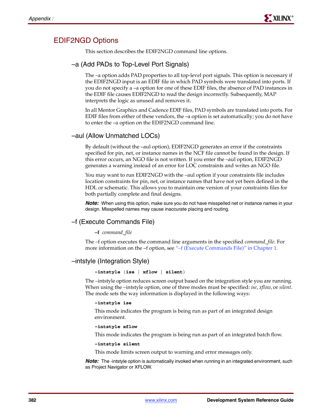 Xilinx 8.2i manual EDIF2NGD Options, Add PADs to Top-Level Port Signals, Aul Allow Unmatched LOCs 