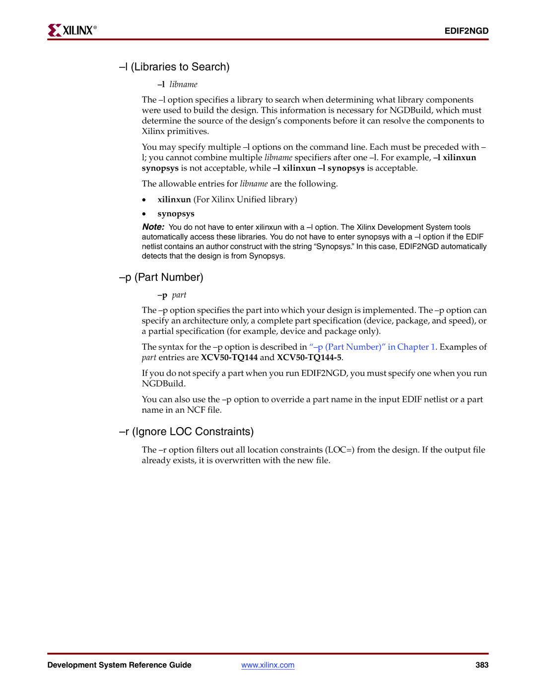 Xilinx 8.2i manual Libraries to Search, Part Number, Ignore LOC Constraints, Llibname 