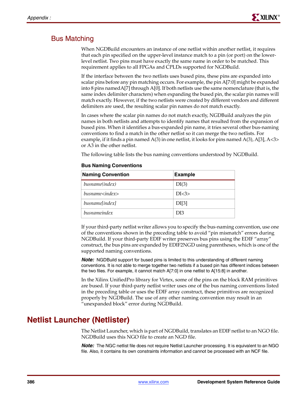 Xilinx 8.2i manual Netlist Launcher Netlister, Bus Matching, Bus Naming Conventions, Busnameindex DI3 