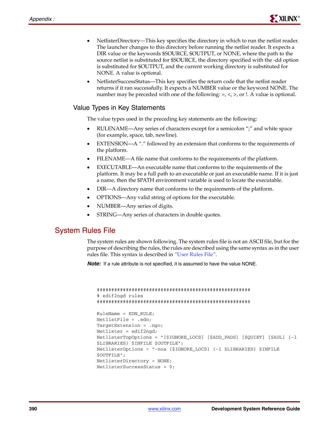 Xilinx 8.2i manual System Rules File, Value Types in Key Statements 