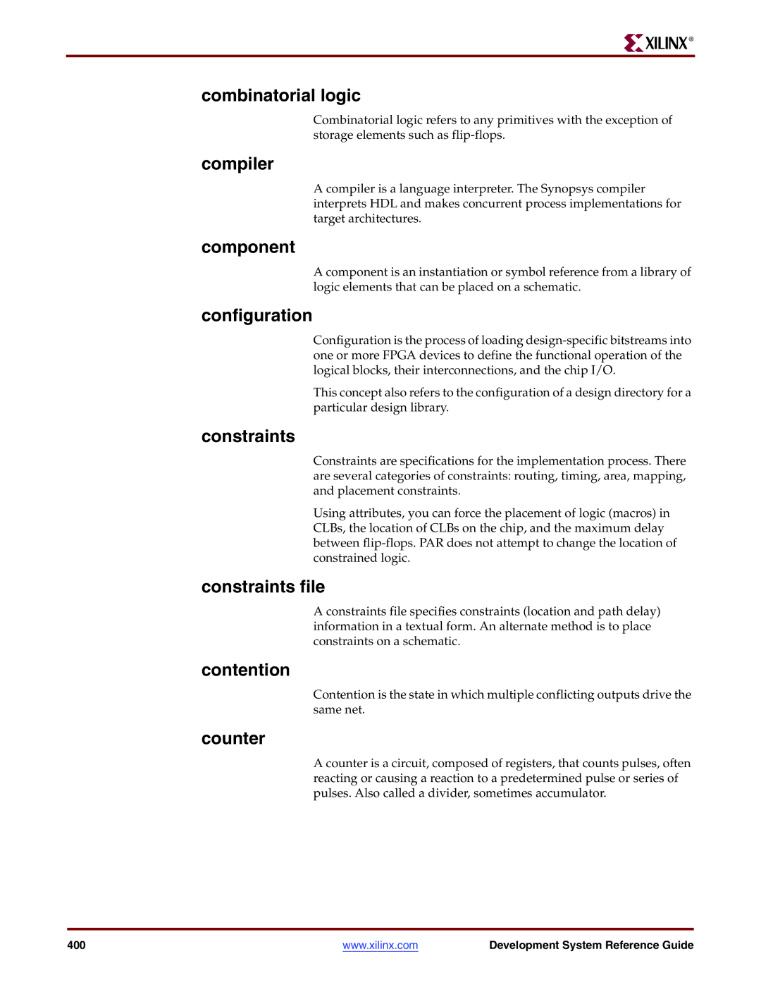 Xilinx 8.2i manual Combinatorial logic, Compiler, Component, Configuration, Constraints file, Contention, Counter 