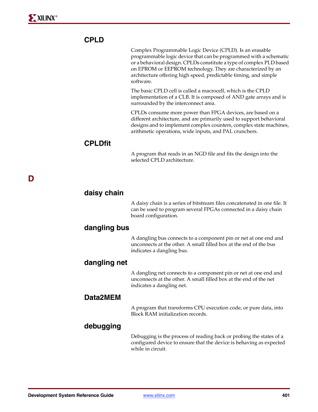 Xilinx 8.2i manual Cpld, Daisy chain, Dangling bus, Dangling net, Debugging 