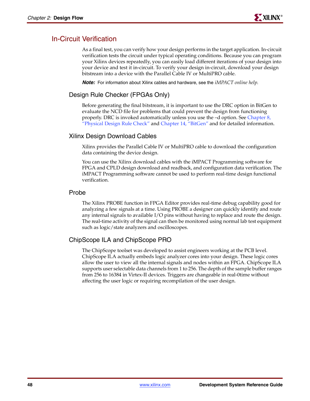 Xilinx 8.2i manual In-Circuit Verification, Design Rule Checker FPGAs Only, Xilinx Design Download Cables, Probe 