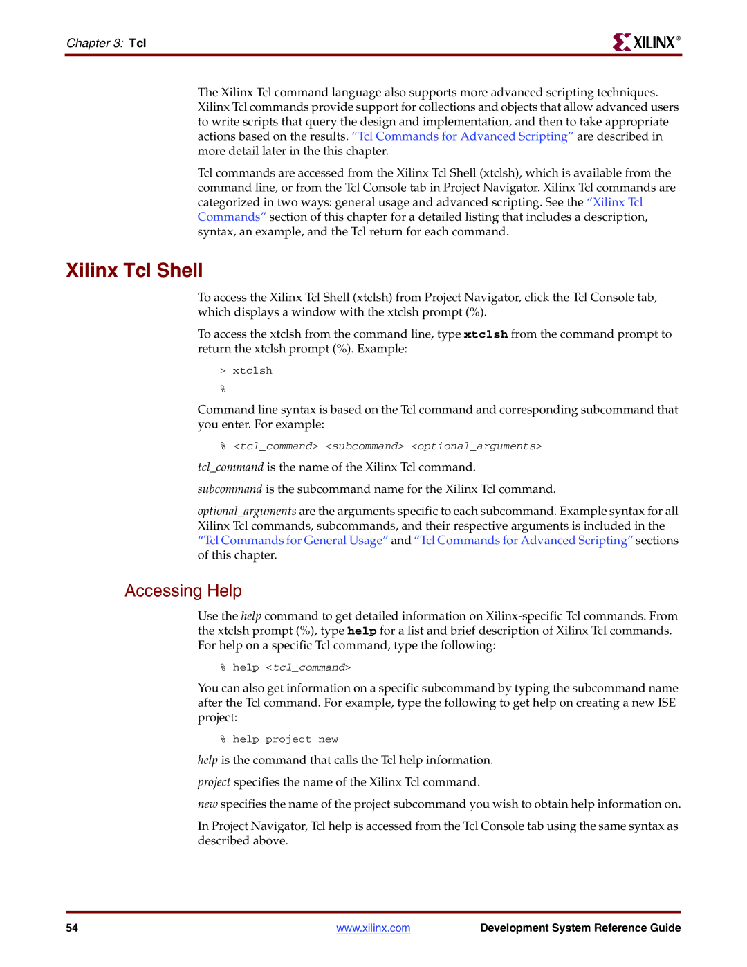 Xilinx 8.2i manual Xilinx Tcl Shell, Accessing Help 