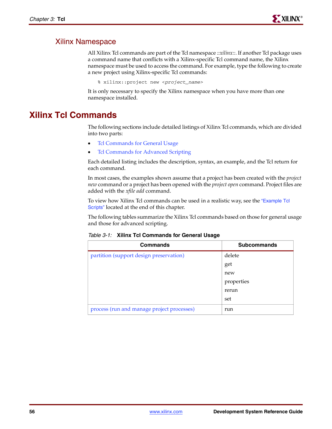 Xilinx 8.2i manual Xilinx Namespace, 1Xilinx Tcl Commands for General Usage Subcommands 