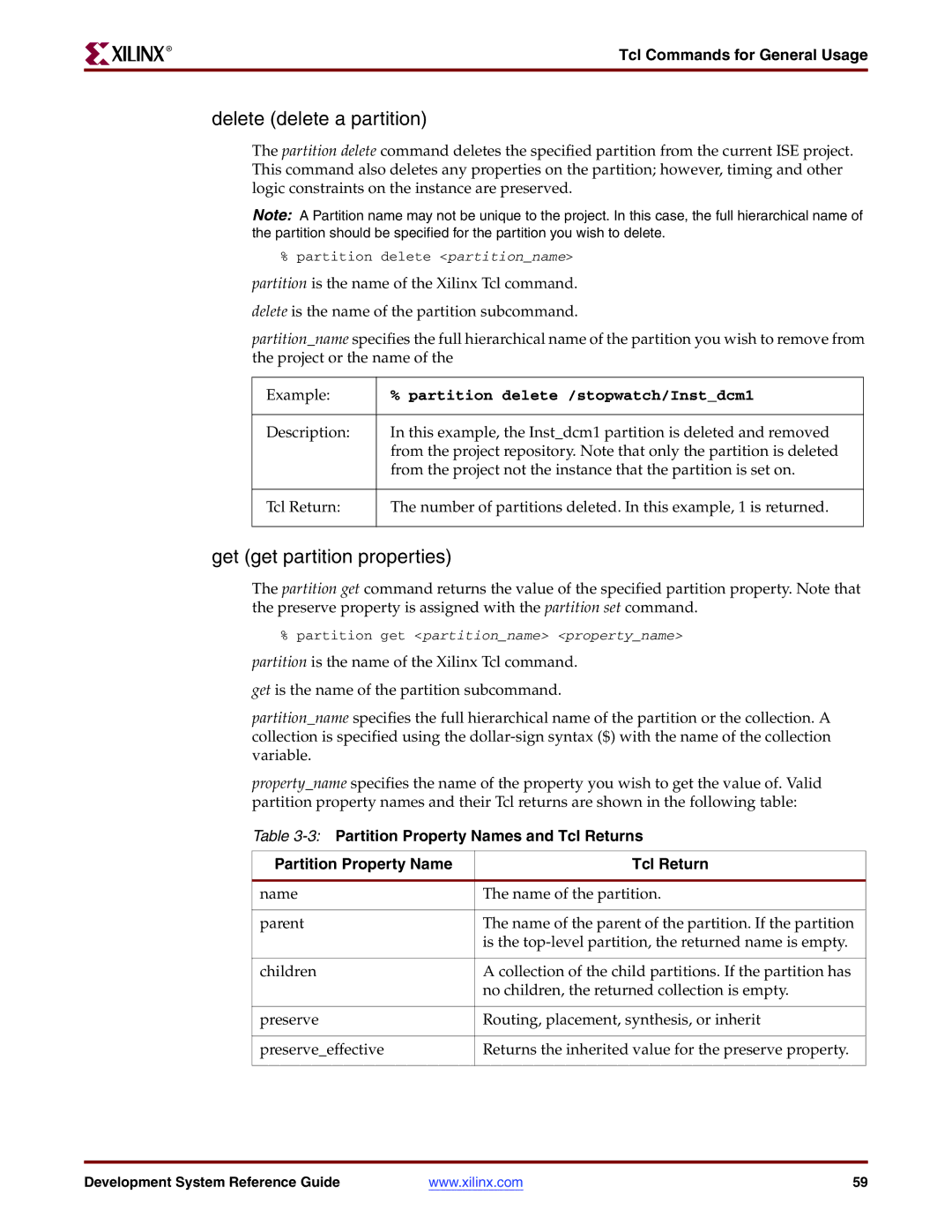 Xilinx 8.2i manual Delete delete a partition, Get get partition properties, Tcl Commands for General Usage 