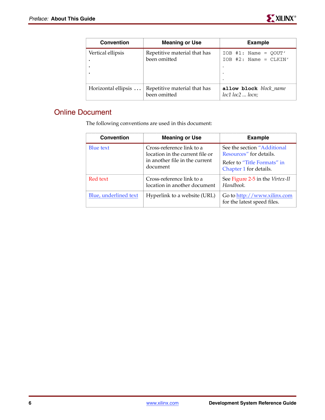 Xilinx 8.2i Online Document, Preface About This Guide Convention Meaning or Use Example, Allow block blockname, Handbook 