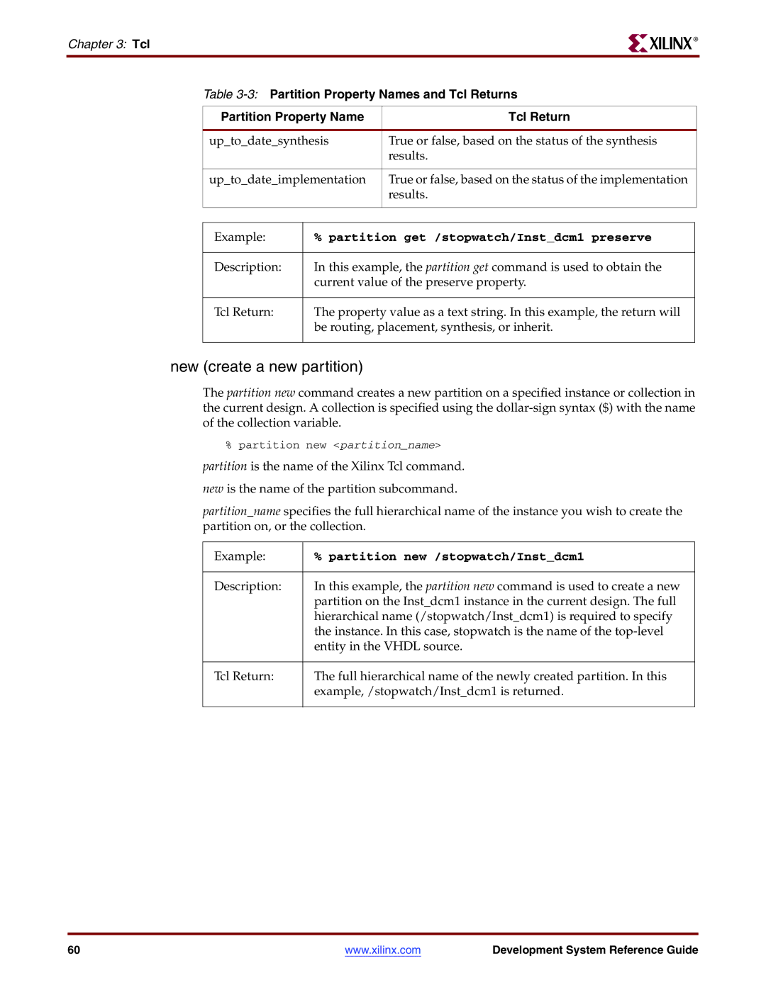 Xilinx 8.2i New create a new partition, Partition get /stopwatch/Instdcm1 preserve, Partition new /stopwatch/Instdcm1 