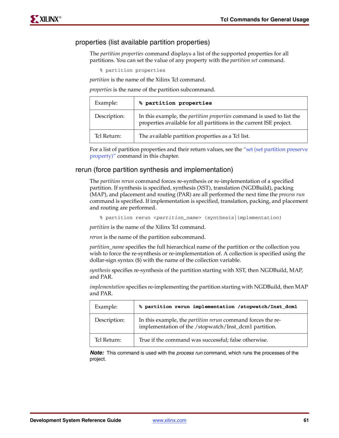 Xilinx 8.2i manual Properties list available partition properties, Rerun force partition synthesis and implementation 