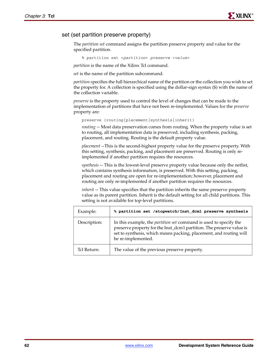 Xilinx 8.2i manual Set set partition preserve property 