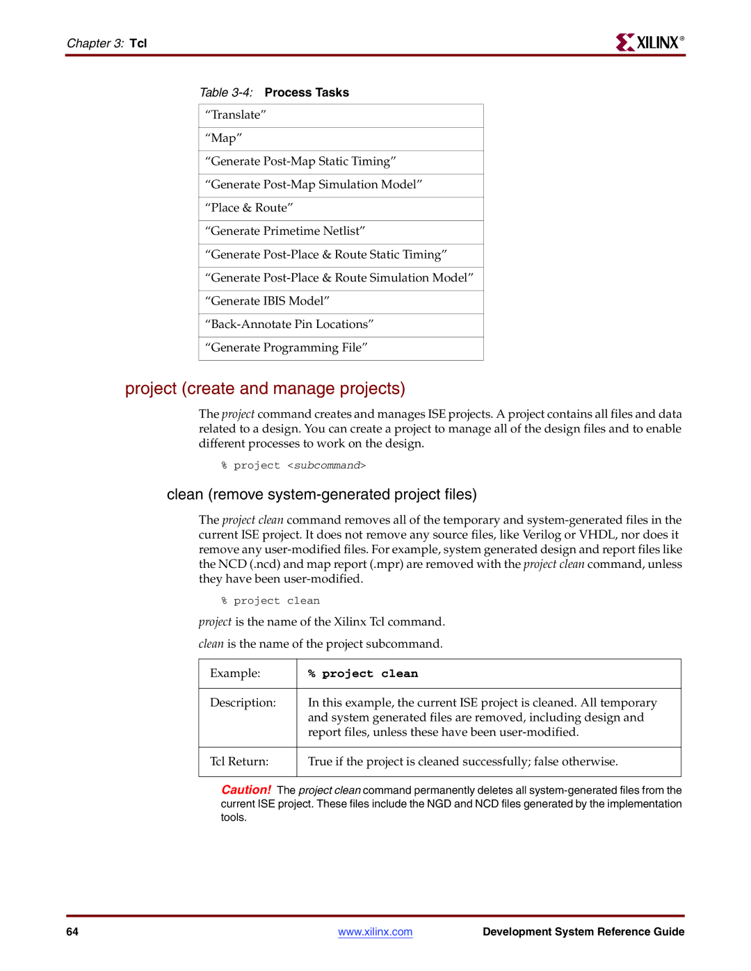 Xilinx 8.2i manual Project create and manage projects, Clean remove system-generated project files, Project clean 