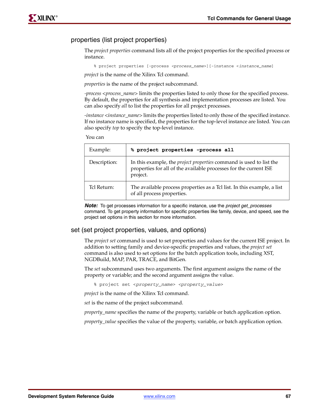 Xilinx 8.2i manual Properties list project properties, Set set project properties, values, and options 