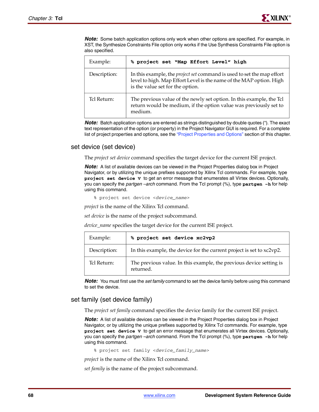 Xilinx 8.2i manual Set device set device, Set family set device family, Project set Map Effort Level high 