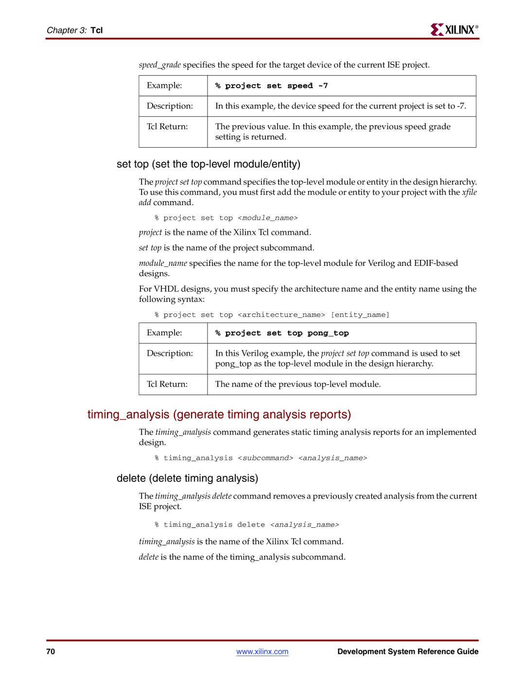 Xilinx 8.2i Timinganalysis generate timing analysis reports, Set top set the top-level module/entity, Project set speed 