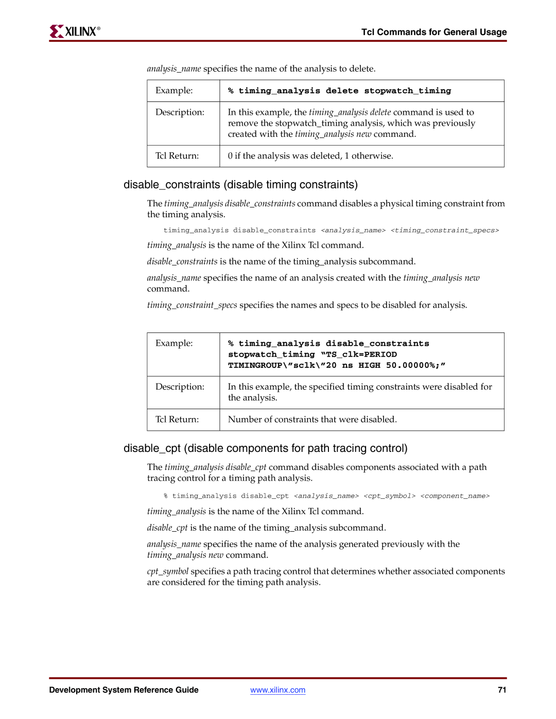 Xilinx 8.2i manual Disableconstraints disable timing constraints, Disablecpt disable components for path tracing control 