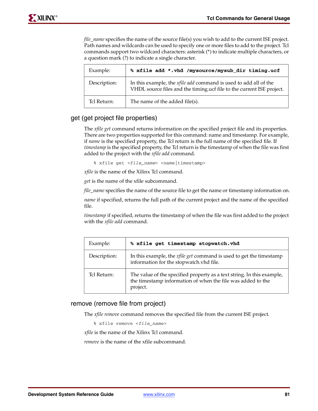 Xilinx 8.2i manual Get get project file properties, Remove remove file from project, Xfile get timestamp stopwatch.vhd 