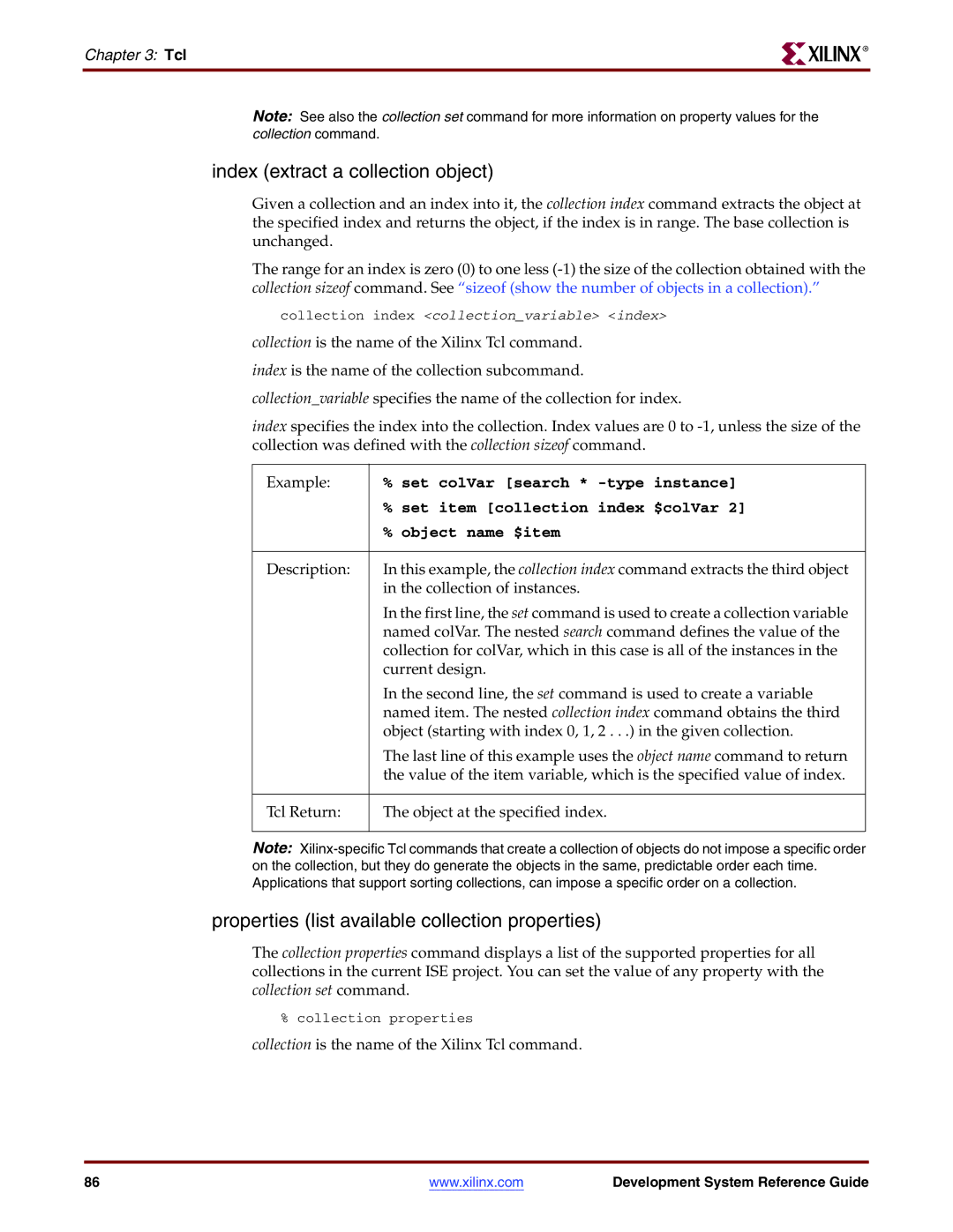 Xilinx 8.2i manual Index extract a collection object, Properties list available collection properties, Object name $item 