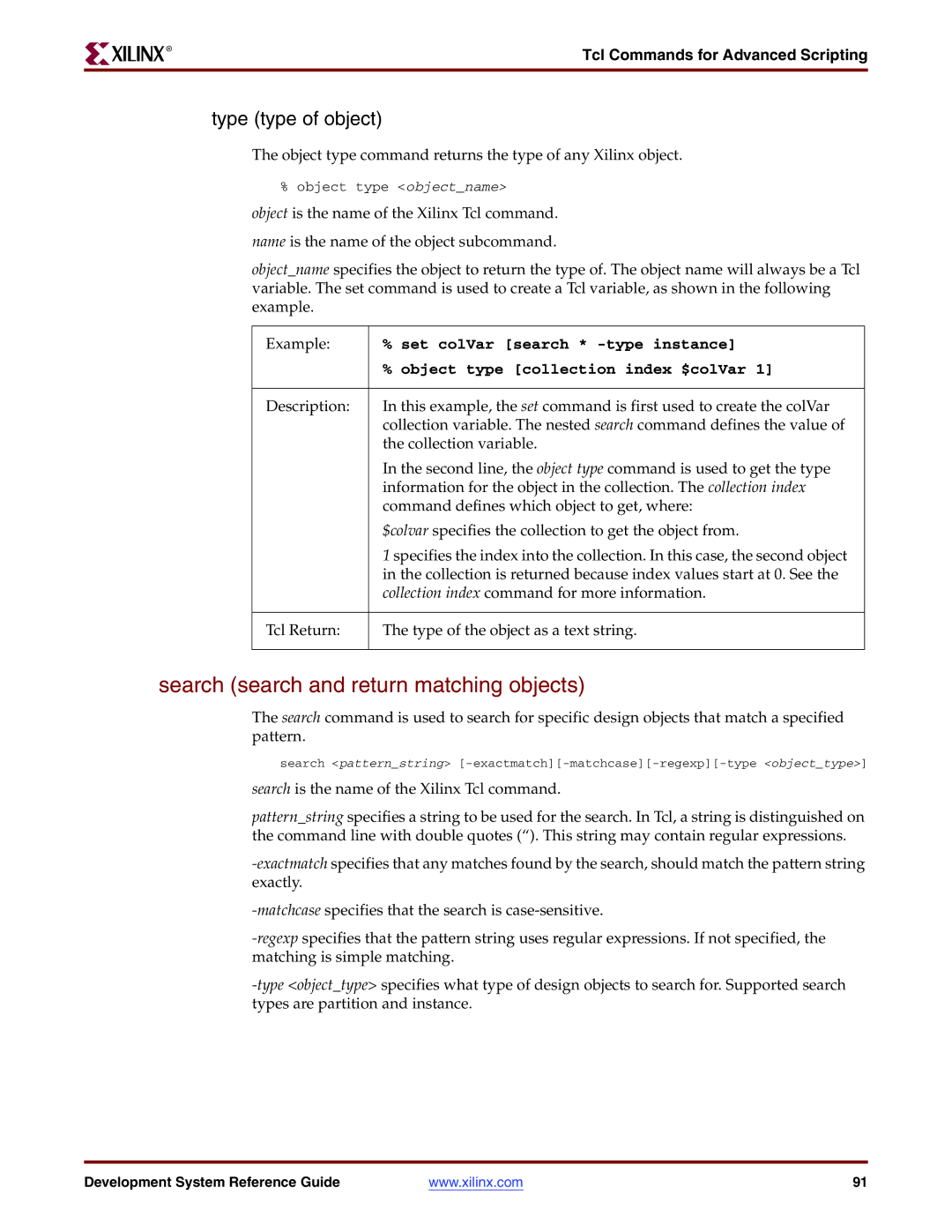 Xilinx 8.2i manual Search search and return matching objects, Type type of object, Object type collection index $colVar 