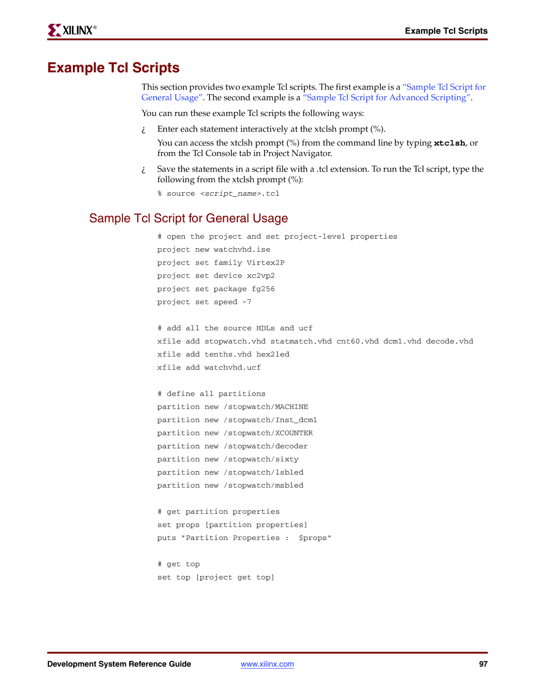 Xilinx 8.2i manual Example Tcl Scripts, Sample Tcl Script for General Usage 