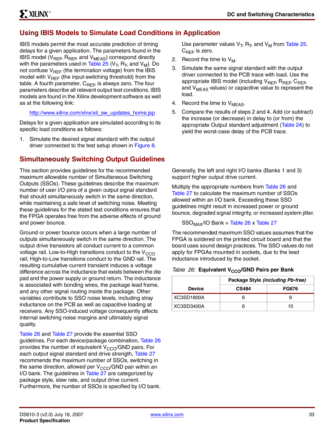 Xilinx DS610 manual Simultaneously Switching Output Guidelines, Equivalent VCCO/GND Pairs per Bank 