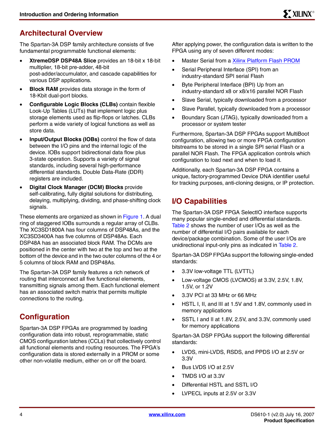 Xilinx DS610 manual Architectural Overview, Capabilities, Configuration, Introduction and Ordering Information 