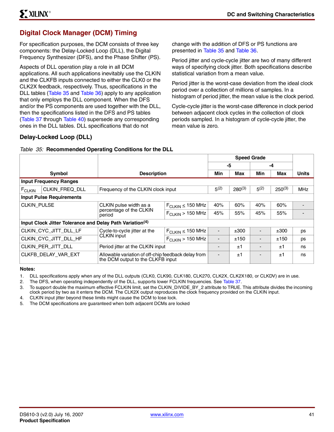 Xilinx DS610 manual Digital Clock Manager DCM Timing, Delay-Locked Loop DLL, Recommended Operating Conditions for the DLL 