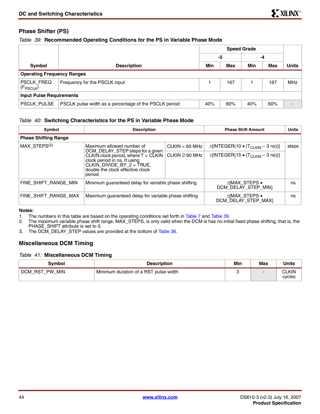 Xilinx DS610 manual Phase Shifter PS, Miscellaneous DCM Timing, Switching Characteristics for the PS in Variable Phase Mode 