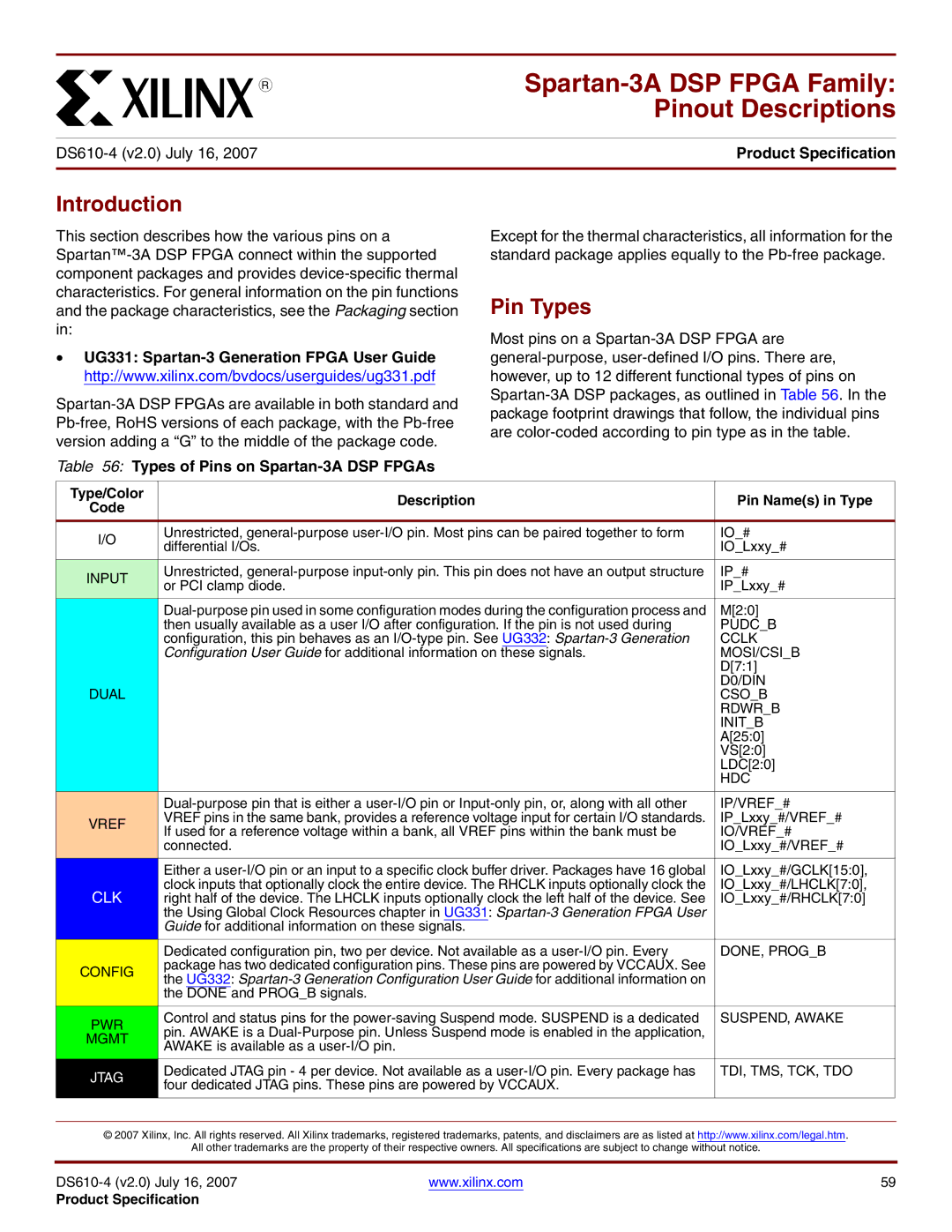 Xilinx DS610 manual Pin Types, Types of Pins on Spartan-3A DSP FPGAs, Type/Color Description Pin Names in Type Code 